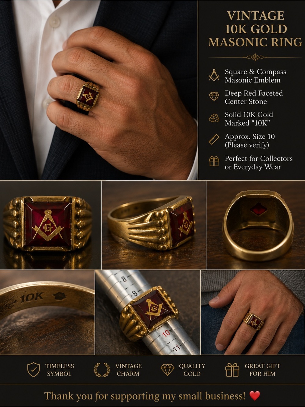Vintage 10K Gold Freemason Masonic Ring Red Stone Square & Compass Size 10